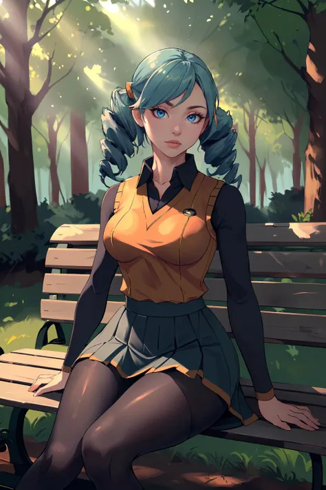 (masterpiece,best quality,absurdres,beautiful,sharp,detailed),forest,dappled sunlight,outside,sitting on bench,1girl,bwacetrainer,shirt, long sleeves, vest, skirt, pantyhose,twin drills <lora:pokemon_bwacetrainer:0.8>