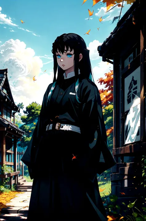 tokitou muichirou, 1boy, male focus, demon slayer uniform, long hair,  leaf, japanese clothes, long sleeves, cloud,  sky,  standing, hakama, tabi,  falling leaves, belt,  outdoors, crow, day, blue sky, wide sleeves,  belt, hakama pants, two-tone hair,  black hair, bangs, aqua eyes,  sidelocks, pants, black jacket, sleeves past wrists, nature, ginkgo leaf, autumn leaves,  cowboy shot,  <lora:Tokitou_Muichirou:0.75>