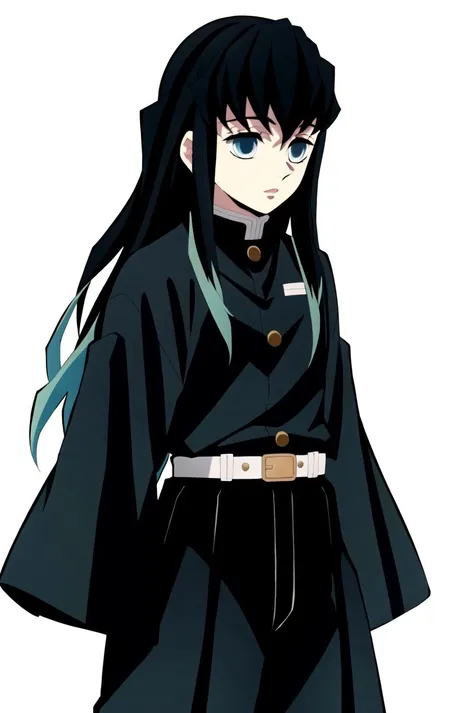 tokitou muichirou, solo, 1boy, long hair, two-tone hair, black hair, bangs, aqua eyes, sidelocks, demon slayer uniform, hakama, wide sleeves, belt, hakama pants, black jacket, sleeves past wrists, black pants, simple background, egasumi, <lora:Tokitou_Muichirou:0.8>, <lora:demonSlayerKimetsuNo_offset:0.8>