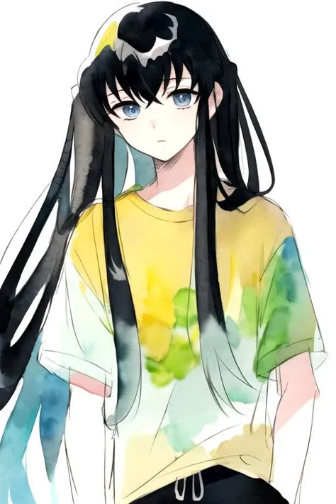 tokitou muichirou, solo, 1boy, long hair,  two-tone hair,  black hair, bangs, aqua eyes,  sidelocks, pants,  yellow shirt, upper body, (watercolor:1.25), (sketch:1.25), <lora:Tokitou_Muichirou:0.8>