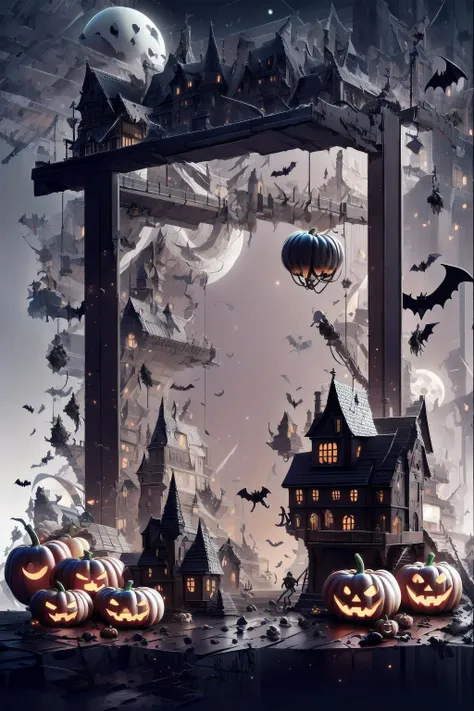 masterpiece,best quality,bare tree, bat,( ghost, ghost costume), halloween, jack-o'-lantern, moon, pumpkin, spider web, witch hat, candy, spider, tree, castle, bat wings, full moon, hat, emoji, demon tail, whiteboard, lantern, wings, black cat, house, night, demon horns, skeleton, gate, cape, food, head wings, scythe, branch, mini witch hat, candle, lamppost, black wings, church, tower,building,space