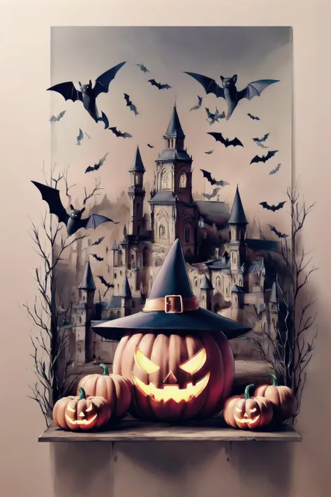 masterpiece,best quality,bare tree, bat,( ghost, ghost costume), halloween, jack-o'-lantern, moon, pumpkin, spider web, witch hat, candy, spider, tree, castle, bat wings, full moon, hat, emoji, demon tail, whiteboard, lantern, wings, black cat, house, night, demon horns, skeleton, gate, cape, food, head wings, scythe, branch, mini witch hat, candle, lamppost, black wings, church, tower,building,watercolor