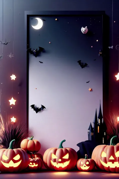 bat, full moon, halloween, jack-o'-lantern, moon, pumpkin, star \(sky\), starry sky, witch hat, night, ghost costume, night sky, ghost, candy, whiteboard, food, spider web, sky, lantern, bare tree, hat, castle, shooting star, moonlight, wings, candle, demon tail, tower, emoji, paper lantern