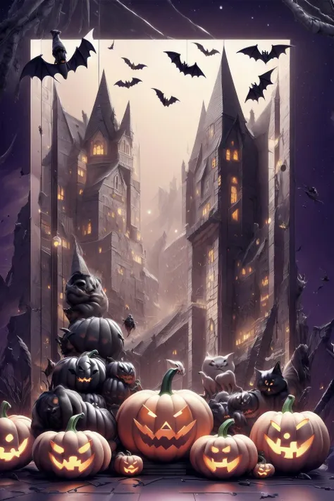 masterpiece,best quality,bare tree, bat,( ghost, ghost costume), halloween, jack-o'-lantern, moon, pumpkin, spider web, witch hat, candy, spider, tree, castle, bat wings, full moon, hat, emoji, demon tail, whiteboard, lantern, wings, black cat, house, night, demon horns, skeleton, gate, cape, food, head wings, scythe, branch, mini witch hat, candle, lamppost, black wings, church, tower,building,space