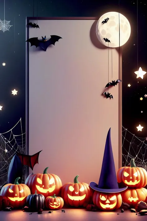 bat, full moon, halloween, jack-o'-lantern, moon, pumpkin, star \(sky\), starry sky, witch hat, night, ghost costume, night sky, ghost, candy, whiteboard, food, spider web, sky, lantern, bare tree, hat, castle, shooting star, moonlight, wings, candle, demon tail, tower, emoji, paper lantern