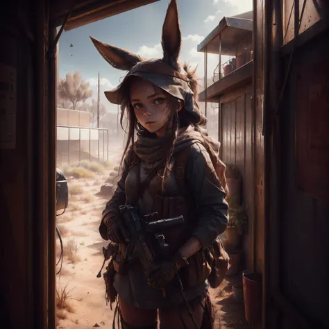 photography of a portrait of a girl with long hair and guns in australian desert landscape (donglu:0.8) <lora:xsarchitectural_11fantasyArchitecture:1.1> sharp highly detailed