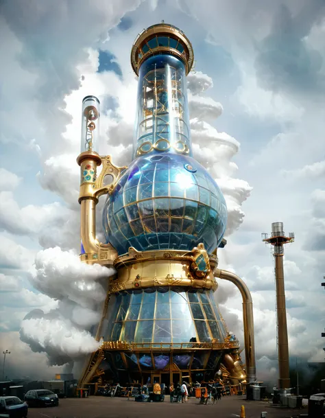 a gigantic towering aetherpunkAI glass bong shaped novarc building polluting the universe with thick clouds of pot smoke <lora:Novelty_Architecture:1> <lora:AetherPunkAI:1>