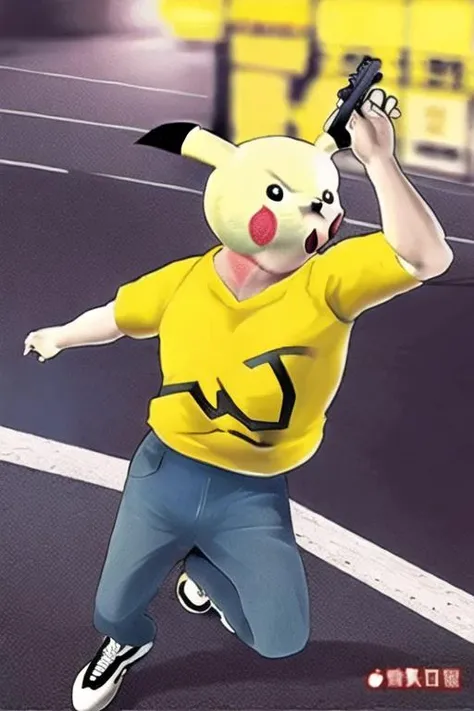 pikachu holding a gun at street, <lora:Apple_News_CG-18:0.9>