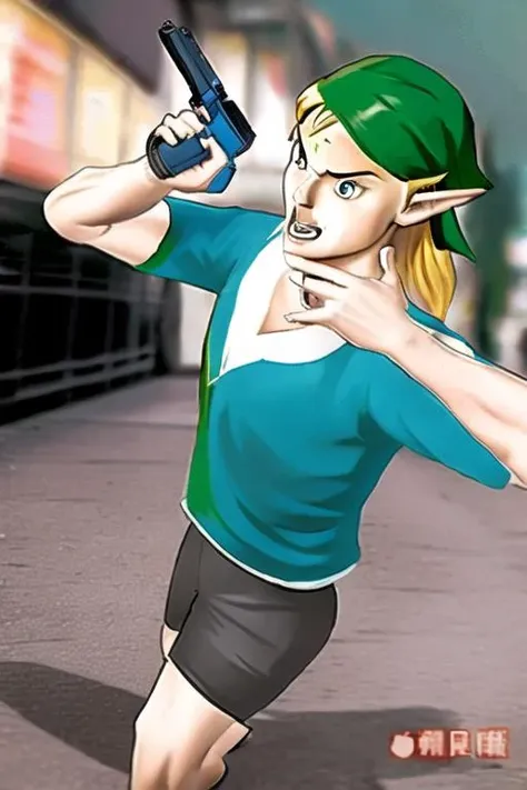 Zelda Link holding a gun at street, <lora:Apple_News_CG-18:0.9>