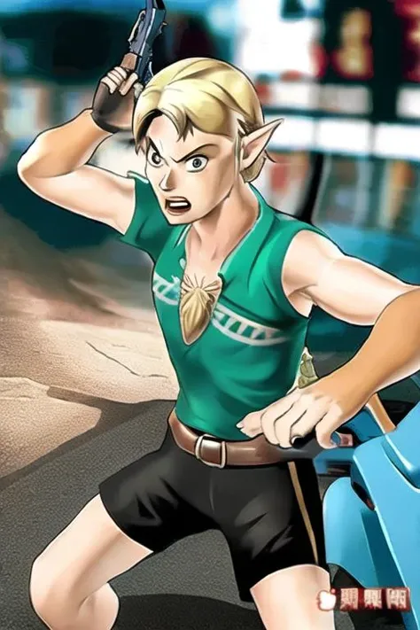 Zelda Link holding a gun at street, <lora:Apple_News_CG-18:0.9>