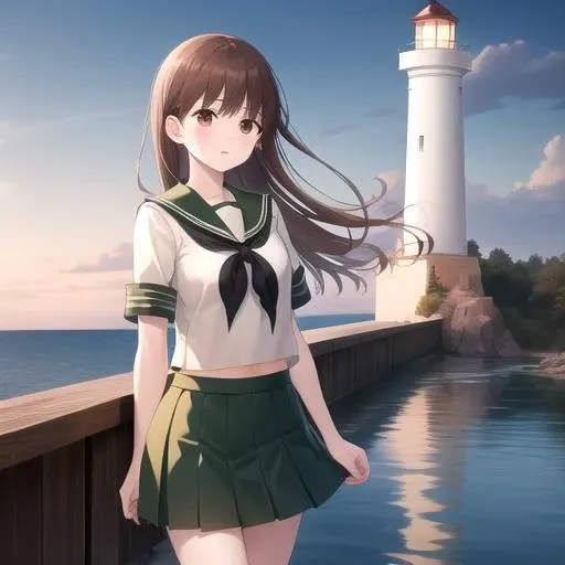 ((masterpiece)),(best quality),official art,extremely detailed CG,unity 8k wallpaper,ultra detailed,A lighthouse on a cliff by the sea,1girl,solo,cowboy shot,brown_hair,school_uniform,long_hair,serafuku,green_skirt,brown_eyes,pleated_skirt,green_sailor_collar,socks,bangs,black_neckerchief,shoes,<lora:Ooi(kan)>,