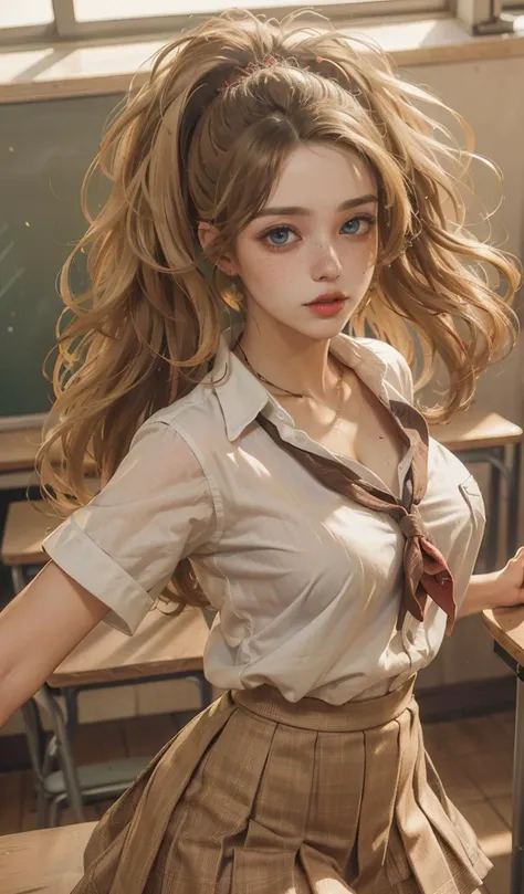 (Best Quality, Masterpiece:1.4)Solo, (PhotoRealistic:1),( beautiful detailed eyes, symmetric eyes,),(Brown Skin:1.5), Blonde,<lora:gemhw_v1.1:0.9>,gemhw,White Shirt,Pleated Skirt,SChool Uniform,<lora:detail_slider_v4:1>,Streets ,Dynamic Poses,  ClassRoom