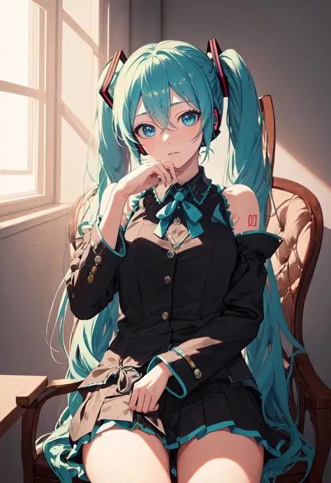 (safe:1.10), best quality, masterpiece, highres, solo, (hatsune_miku_bluearchive:1.10), sitting, sitting on chair, chair, cowboy shot, looking at viewer, 35 <lora:hatsune_miku_bluearchive:0.80>