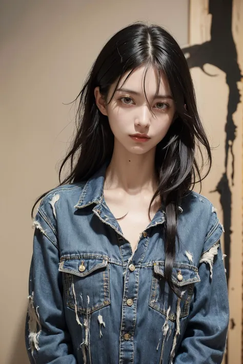 ((masterpiece , best quality ,face focus)), 27yo solo woman , no ties collared shirt , denim jeans , slender , flat chest , (jet-black medium hair , (messy hair:1.37) , Red eyes , dark circles under eyes:1.3) , (jig eyes , expressionless:1.7) , (smile: 0.1)