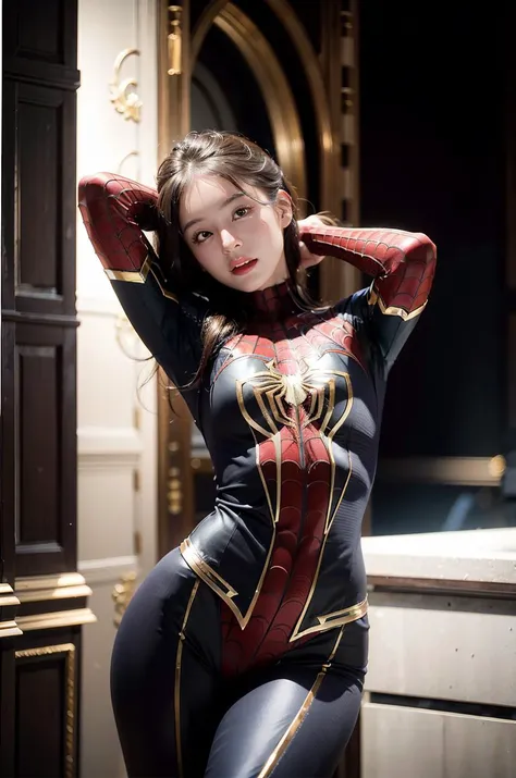 (masterpiece), best quality, expressive eyes, perfect face, best quality, realistic, (high quality:1.3),(ultra-detailed), (high resolution), 1girl, small breasts, smooth skin, full body, the spiderman armor suit, <lora:Fond_BNK48-02:1>