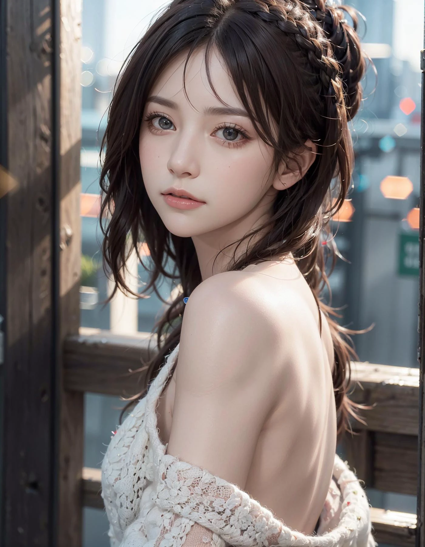 8k, RAW photo, best quality, masterpiece, high detail RAW color photo, professional photograph, (realistic, photorealistic:1.37), (high detailed skin:1.2), high resolution, beautiful detailed eyes, (hard focus:1.4), (sharp focus:1.4),
realistic , (8K UHD:1.2) , photoreaslistic
High quality shadow,
parted_lips, slender face,
(wavy hair), Half-up top knot, Crown braid, Pink eye color, suggestive look,
(extremeface closeup), pov, (((depth of field))), pale and lustrous skin,
Cropped cowl neck sweater,
30yo age,
buruma,
Rooftop,
bokeh, lens flare, (vignette:0.8), dramatic lighting, cinematic lighting, back light, professional lighting, physically-based rendering, ulzzang-6500-v1.1, pureerosface_v1.