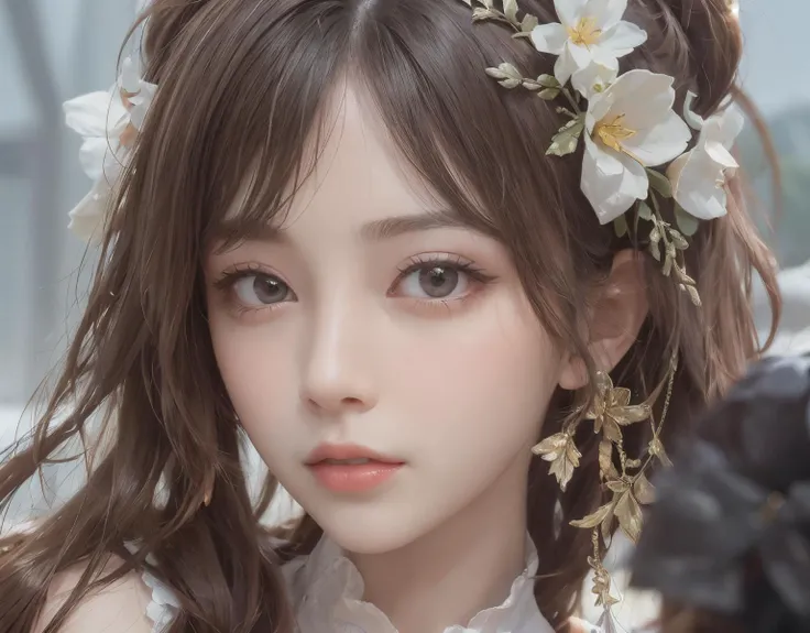 best quality, ultra hi res, photoreaslistic, a photography of a beautiful woman, 14yo teenage, detailed face, black Finger waves, (detailed porcelain doll,delicate clothes with a lot of frills and ribbons), Mountain, (face close up), seductive look, looking at viewer