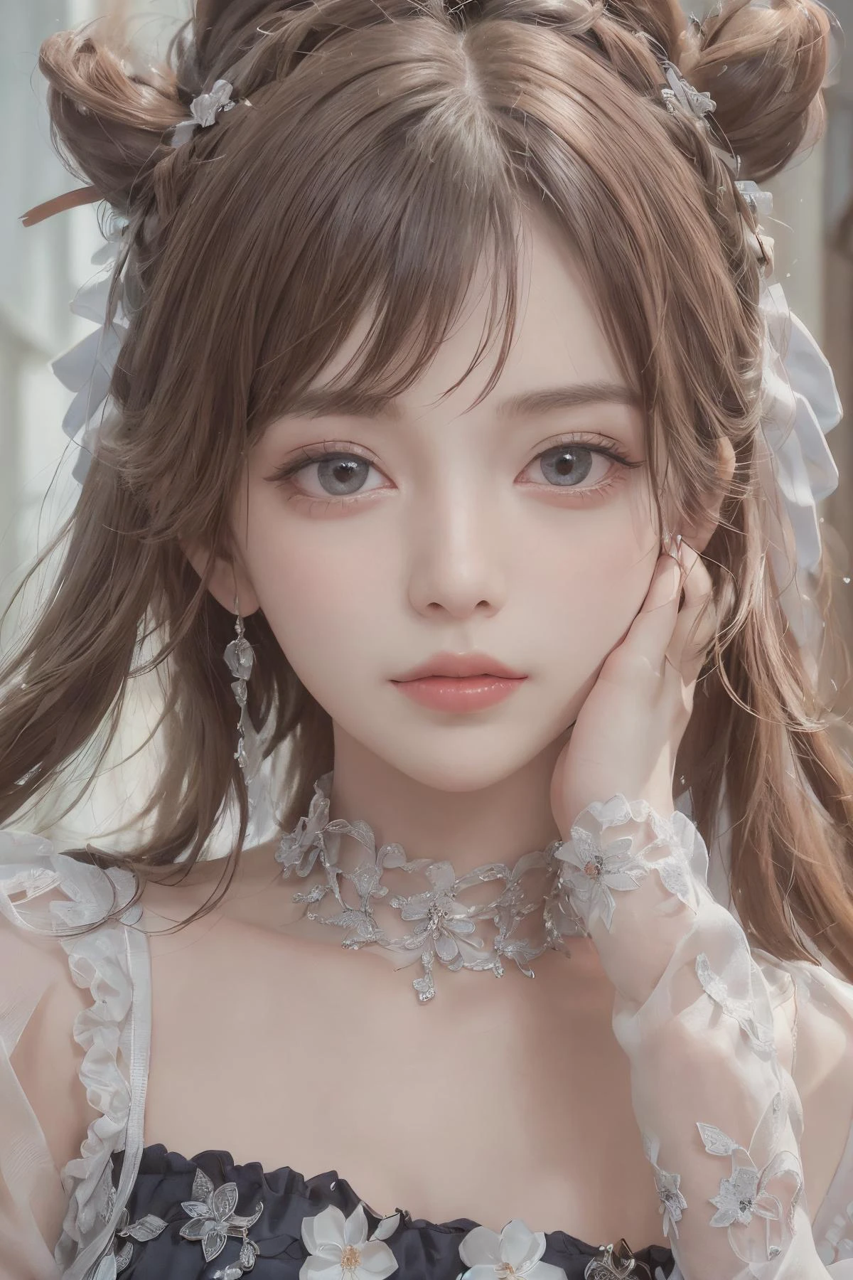 best quality, ultra hi res, photoreaslistic, a photography of a beautiful woman, 26yo age, detailed face, black Feathered layers, (detailed porcelain doll,delicate clothes with a lot of frills and ribbons), Bridge, (face close up), seductive look, looking at viewer