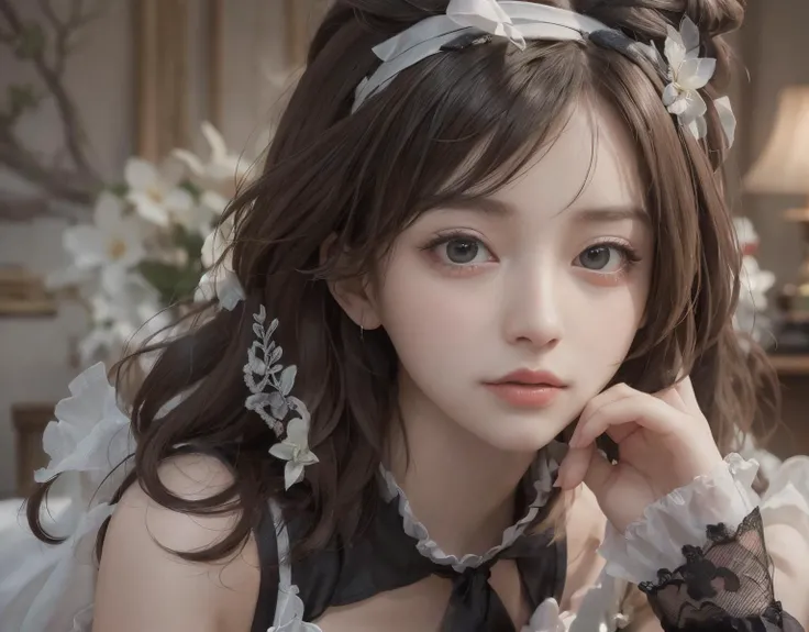 best quality, ultra hi res, photoreaslistic, a photography of a beautiful woman, 12yo young girl, detailed face, black Soft waves, (detailed porcelain doll,delicate clothes with a lot of frills and ribbons), Mansion, (face close up), seductive look, looking at viewer