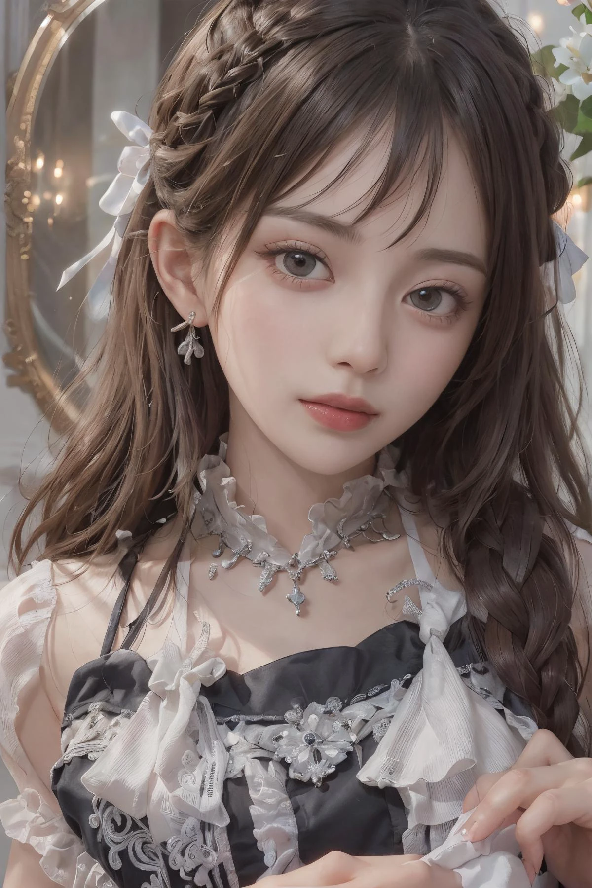 best quality, ultra hi res, photoreaslistic, a photography of a beautiful woman, 20yo age, detailed face, black Dutch braids with twists, (detailed porcelain doll,delicate clothes with a lot of frills and ribbons), Mansion pool, (face close up), seductive look, looking at viewer