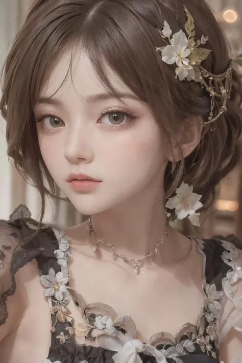 best quality, ultra hi res, photoreaslistic, a photography of a beautiful woman, 20yo teen age, detailed face, black Feathered layers, (detailed porcelain doll,delicate clothes with a lot of frills and ribbons), Bar, (face close up), seductive look, looking at viewer