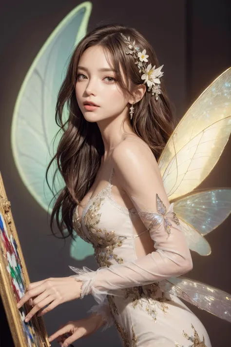 Masterpiece, highest quality, (((masterpiece))), (((highest grade))), ((extra fine)), (illustration), ((extremely delicate and beautiful)), dynamic angle, floating, (fairy Wings: 1.4), (beautiful detailed eyes), (detailed light), (1 girl), medium bust, medium long hair, dark brown sparkling eyes, dark brown hair, bodycon dress, natural, (sunlight), (painting), (sketch), (flower), slight smile, pastel colors, complete anatomy, upper body, <lora:add_detail:1>, highly detailed beautiful face,