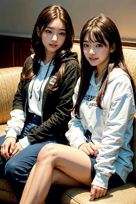 soft light, best quality, realistic, (detailed facial features:1.1), (photorealistic:1.4), 20 years old korean girl, 2girls, black hair, (black eyes:1.2), hood, long hair, hoodie, brown hair, sitting, smile, teeth, sleepy, laughing, hood up, long sleeves, jacket, indoors, on couch, looking at viewer,
