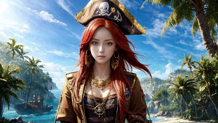 (young redhead pirate woman), (portrait), (parrot:1.2), sharp focus, (ultradetailed), (standing), (happy) smile, pirate (ship galleon:1.2,  hoop earrings, gold medallion, Viridian pirate clothes, pirate hat, hips,  pirate (village), leafy beach coast, (treasure chest with coins, gems and jewels:1.2), (rum barrel), best quality masterpiece,  bright sunny sky, backlight, natural lights, high contrast, hdr, shadows, pretty, beautiful, feminine, sexy, adorable, lovely, in love, (PirateDiffusionprt:0.5),  <lora:Pirate:0.3>  PrateT  <lora:PirateRealms:0.3> <lora:Detail Tweaker LoRA add_detail:0.8> <lora:depth_of_field_slider_v1:5> <lora:SDXLrender_v2.0:0.9>