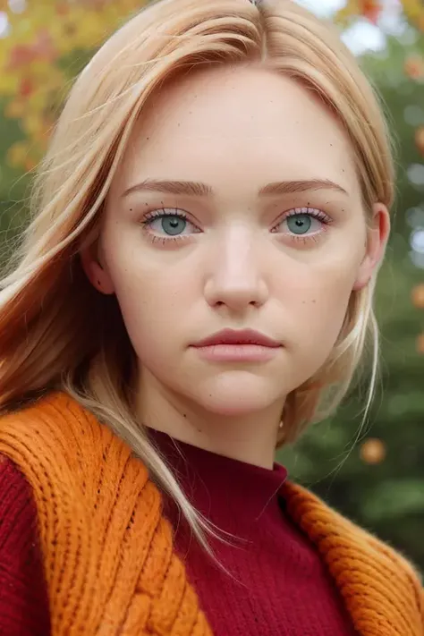 a naturally beautiful adult blonde woman, in a park, red knitted sweater, autumn day, upper body, close up, 8k, raw, uhd, fujifilm x-t3, highly detailed face, candid, amateur, stunning eyes, [smiling] <lora:gemmaWard:1>