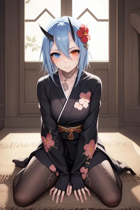 masterpiece, best quality, absurdres, perfect anatomy, 1girl, solo, IoPSO2, heterochromia, blue eyes, red eyes, short hair, tattoo, horns, indoors, kimono, hair flower, floral print, wariza, sitting, hands on own knees