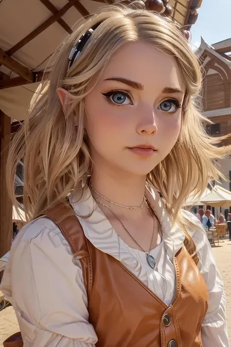 portrait, head shot, face focus, looking at viewer, eye contact,
alistarodd, 1girl, blonde hair, medium hair, makeup, fake elf ears, parted lips,
cosplay, puffy white shoulders, brown leather vest, fantasy clothing, necklace,
outdoors, ren faire, fair, people in background, food stands,
depth of field, blurred background, detailed eyes, warm volumetric lighting, masterpiece, best quality
<lora:Alis_Brekker_V1:0.75>