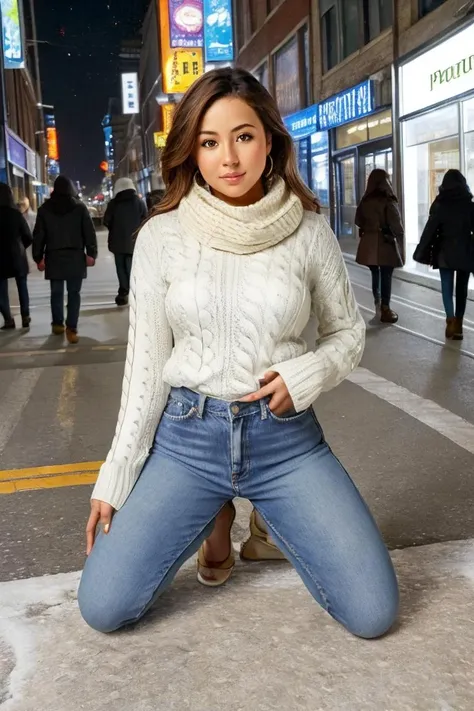 realistic photo of a woman woman on knees, on the ground, busy city street, wearing a sweater, wearing a scarf, wearing jeans, wearing boots, highly detailed, 8k, photorealistic, flash lighting, candid, <lora:more_details:0.1>, <lora:woman_on_knees_sd15_lora:1>