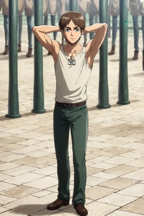 the guy stands in an unusual dynamic pose,he is slightly skinny in anime style