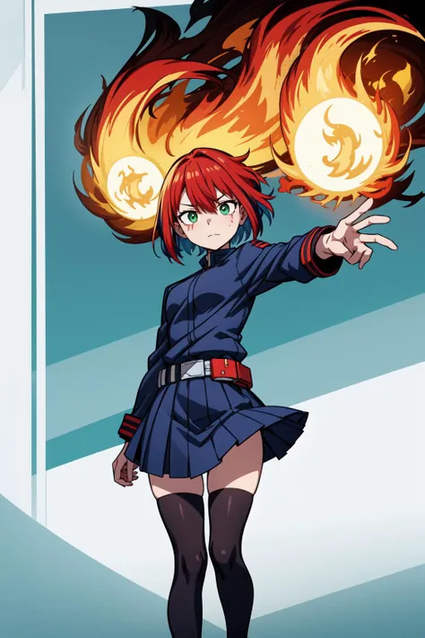 ((masterpiece, best quality, detailed)) 10s, 1girl, absurdres, belt, blue legwear, blue shirt, blue skirt, boku no hero academia, burn scar, closed mouth, fire, genderswap, genderswap \(mtf\), green eyes, highres, ice, legs, looking at viewer, multicolored hair, outstretched arm, red hair, scar, shirt, short hair, skirt, solo, todoroki shouto, two-tone hair, white footwear, white hair, z elus