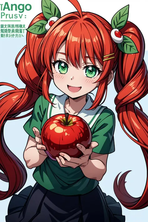 ((masterpiece, best quality, detailed)) 1girl, andou ringo, apple, bad id, bad pixiv id, character hair ornament, drill hair, food, fruit, green eyes, hair ornament, hairclip, puyopuyo, puyopuyo 7, red hair, school uniform, skirt, smile, translation request, twin drills, twintails, yakka