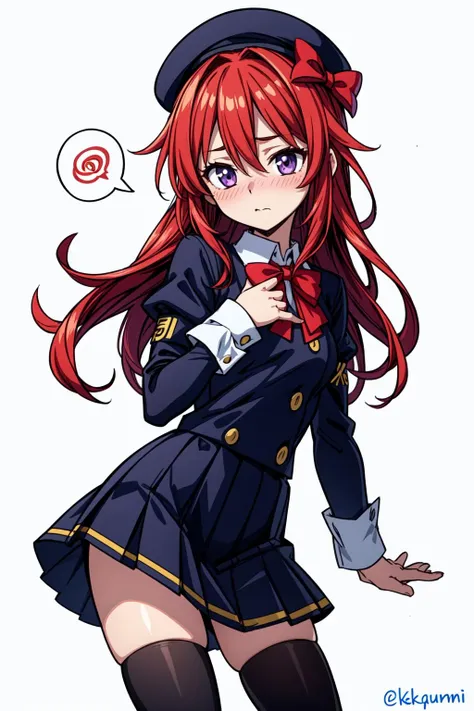 Masterpiece, best quality, strong outlines, portrait a girl sitting in a chair desk, Iroha, portrait, 1girl, li, (solo), solo focus, face focus, red super long hair, red color hair, wavy hair, beautiful detailed eyes, grey eyes, purple halo, beautiful, military black uniform, office, backlight, close view, low perspective, (8k) perfect anatomy, no extra limbs