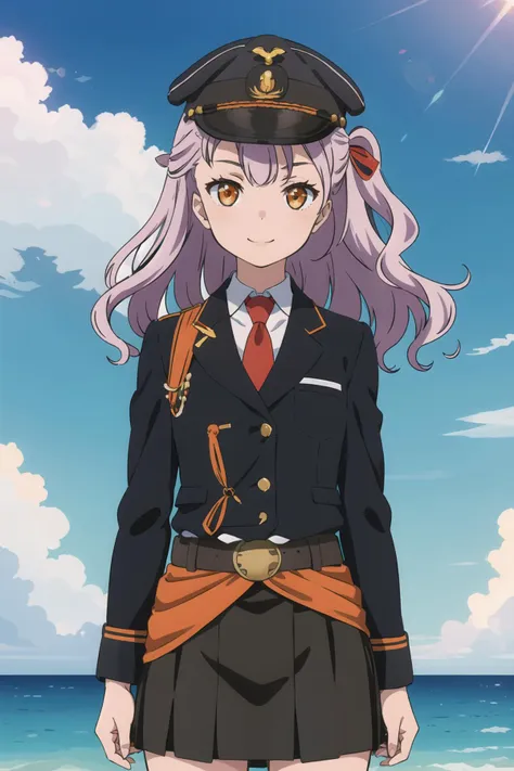 best quality, masterpiece, detailed,
<lora:HighSchoolFleet_TheaKreutzer:0.9>, TheaKreutzer,
1girl, closed mouth, smile,
purple hair, wavy hair, one side up, orange eyes, hair ribbon,
military, military hat, brown jacket, brown skirt, belt, red necktie,
standing, looking at viewer,
ocean