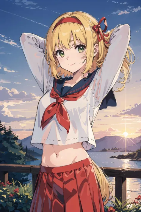 ellen \(touhou\), hairband ribbon, 1girl, solo, cowboy shot, (serafuku:1.4), white shirt, pleated skirt, long sleeves, blue sailor collar, neckerchief, blonde hair, very long hair, curly hair, arms behind back, outdoors, sunset, closed mouth, smile, red neckerchief, red skirt, pleated skirt, midriff, red ribbon, green eyes,((arms behind head))