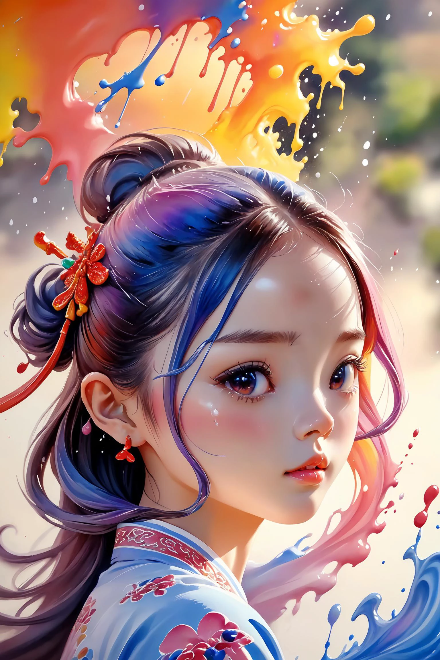 Colorful, multiple colors, intricate detail, splash screen, photorealistic, intricately detailed fluid gouache painting, calligraphy, acrylic, watercolor art,
masterpiece, best quality, 1girl, <lora:kwFemale_Beta40-SDXL_v1:1>, chinese,waifu