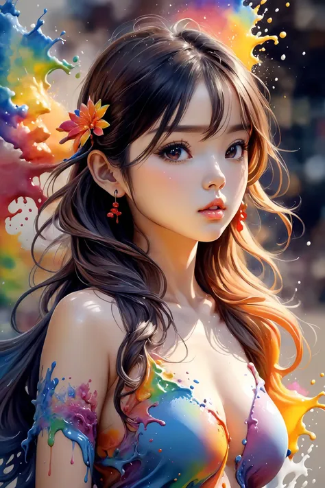 Colorful, multiple colors, intricate detail, splash screen, photorealistic, intricately detailed fluid gouache painting, calligraphy, acrylic, watercolor art,
masterpiece, best quality, 1girl,  <lora:kwFemale_Beta40-SDXL_v1:1>, asian,cleavage