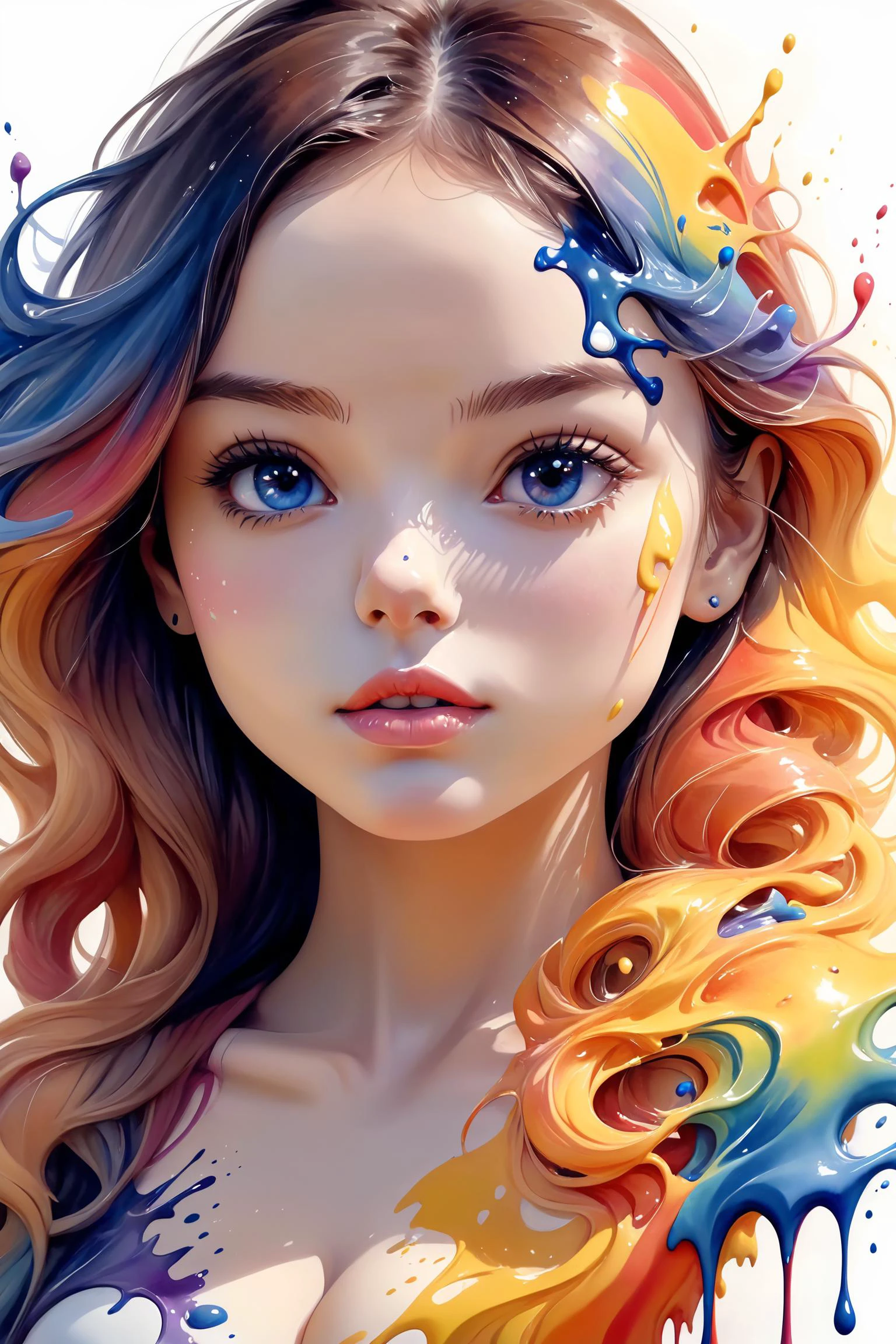 Colorful, multiple colors, intricate detail, splash screen, photorealistic, intricately detailed fluid gouache painting, calligraphy, acrylic, watercolor art,
masterpiece, best quality, 1girl, <lora:kwFemale_Beta40-SDXL_v1:1>, cleavage