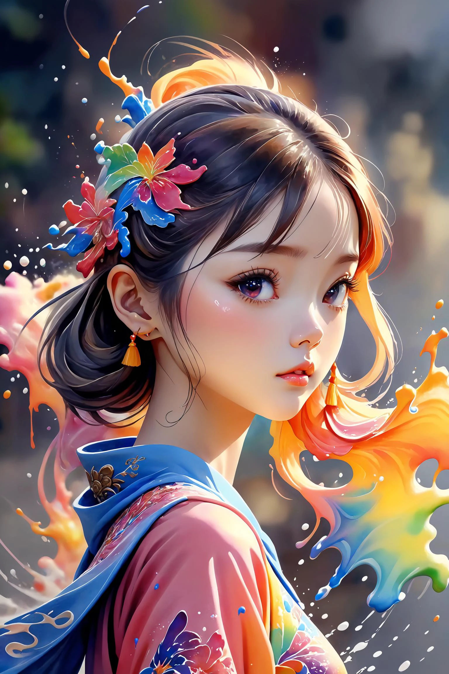 Colorful, multiple colors, intricate detail, splash screen, photorealistic, intricately detailed fluid gouache painting, calligraphy, acrylic, watercolor art,
masterpiece, best quality, 1girl, <lora:kwFemale_Beta40-SDXL_v1:1>, chinese
