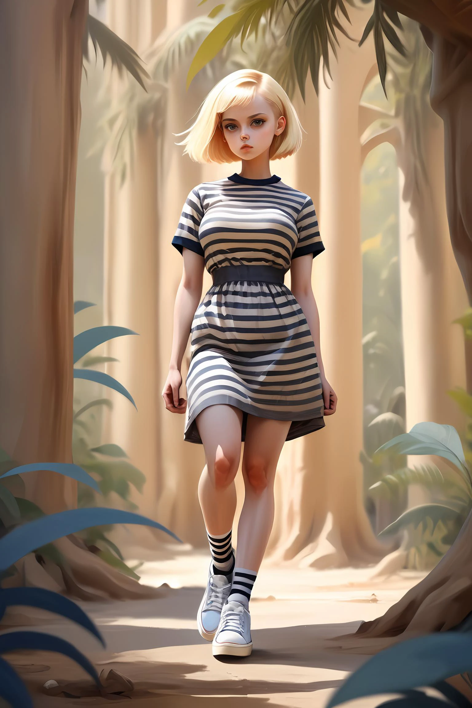 masterpiece, best quality, 1girl, <lora:kwFemale_Beta40-SDXL_v1:1>,
Concept art, (a crowd of busty young blonde woman:1.1) , wearing Striped dress and sneakers, The Striped dress and sneakers rolled up sleeves, Caramel hair styled as Buzz cut with a fade, jungle in background, Pastel Goth Art, stylized by Tran Nguyen, Raphael Soyer and László Moholy-Nagy