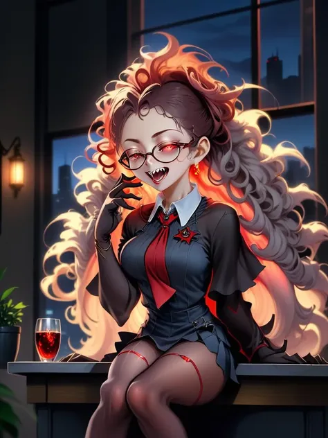 anime artwork of a lewd vampire lady with long messy hair, red glowing eyes, wearing glasses and tight skirt with pantyhose, nose blush, half-closed eyes, open mouth, spreading legs,  sitting on desk in dark office room, window wall showing cityscape outside at night <lora:[XL]dark_fantasy_creature:1> , anime style, key visual, vibrant, studio anime,  highly detailed