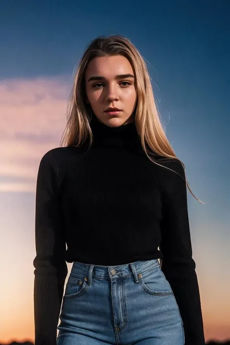 photo of K3ndr4Sund3rl4nd_HM-140, a woman, perfect hair, (modern photo), wearing black jeans and turtleneck, 35mm short telephoto (analog, cinematic, film grain:1.3), Crystalline Planet, Planet of shimmering structures reflecting vibrant colors., detailed eyes, professional pose, (epiCPhoto), (looking at viewer:1.1), (cinematic shot:1.3), (broad style lighting), OverallDetail, SkinHairDetail