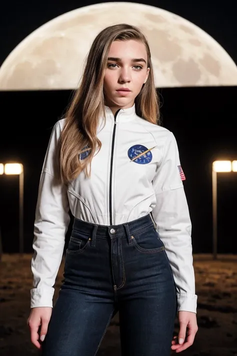 photo of K3ndr4Sund3rl4nd_HM-140, a woman, perfect hair, (modern photo), wearing black jeans, shirt, motojacket, 85mm short telephoto (analog, cinematic, film grain:1.3), Lunar Colony, Self-sustaining moon colony with domed structures, lunar rovers, spaceports, and Earthrise views., detailed eyes, professional pose, (epiCPhoto), (looking at viewer:1.1), (cinematic shot:1.3), (butterfly style lighting), OverallDetail, SkinHairDetail