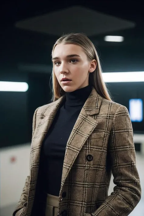 photo of K3ndr4Sund3rl4nd_HM-140, a woman, perfect hair, (modern photo), wearing tweed coat, blouse, khaki pants, 35mm medium telephoto (analog, cinematic, film grain:1.3), Virtual Education Center, Futuristic facility with VR simulations, holographic lectures, and AI-guided learning., detailed eyes, professional pose, (epiCPhoto), (looking at viewer:1.1), (cinematic shot:1.3), (short style lighting), OverallDetail, SkinHairDetail
