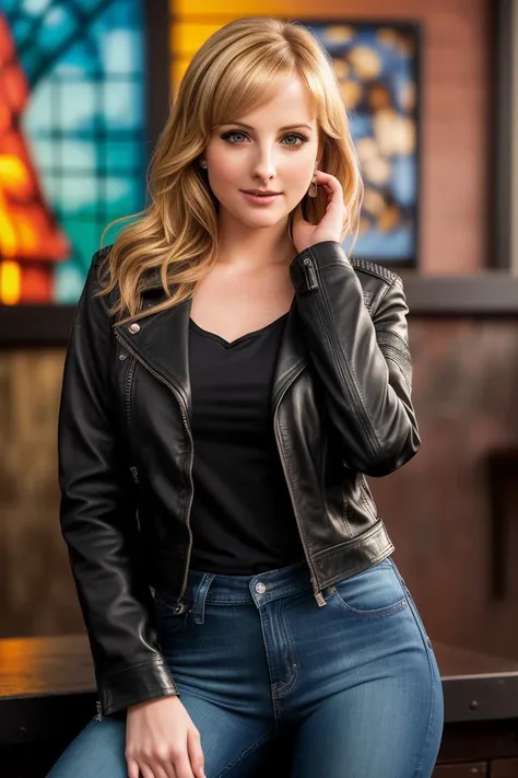 photo of seductive (mrauch:0.99), a woman as a sexy student, (closeup portrait), (t-shirt), (leather jacket:1.1), (jeans), at an (80s style) cantina sitting bar, (masterpiece:1.5) (photorealistic:1.1) (bokeh) (best quality) (detailed skin texture pores hairs:1.2) (intricate) (8k) (HDR) (wallpaper) (cinematic lighting) (sharp focus), (vivid atmosphere), (brightly lit:1.2)