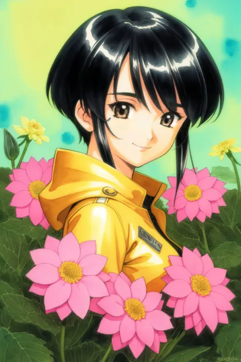 watercolor \(medium\), marker \(medium\), solo, 1girl, looking to the side, smile, blush, medium breasts, black hair, pixie cut, light brown eyes, beautiful detailed face, ultra detailed eyes, cream yellow raincoat, bright, Ginger \(flower\), floral background <lora:fujishima_kousuke_style_v04:1>