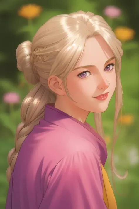 portrait, solo, 1girl, looking back, smile, blush, medium breasts, golden hair, braided bun, bronze eyes, beautiful detailed face, ultra detailed eyes, light purple surcoat, sidelighting, Summer's_Darling \(flower\), floral background <lora:fujishima_kousuke_style_v04:1>
